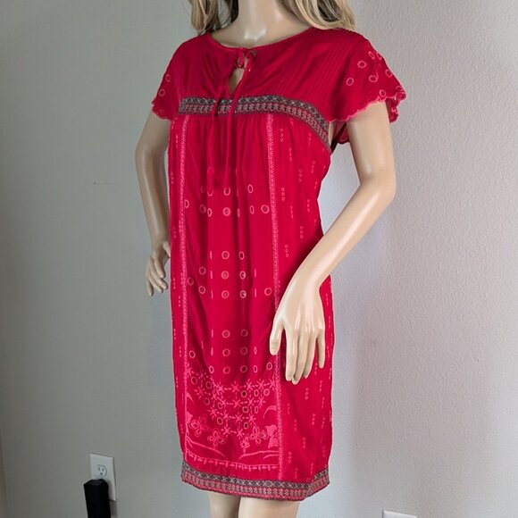 Johnny Was Dress Women's Small Red Eyelet Embroidered Scalloped V-Neck Babydoll - Picture 5 of 16